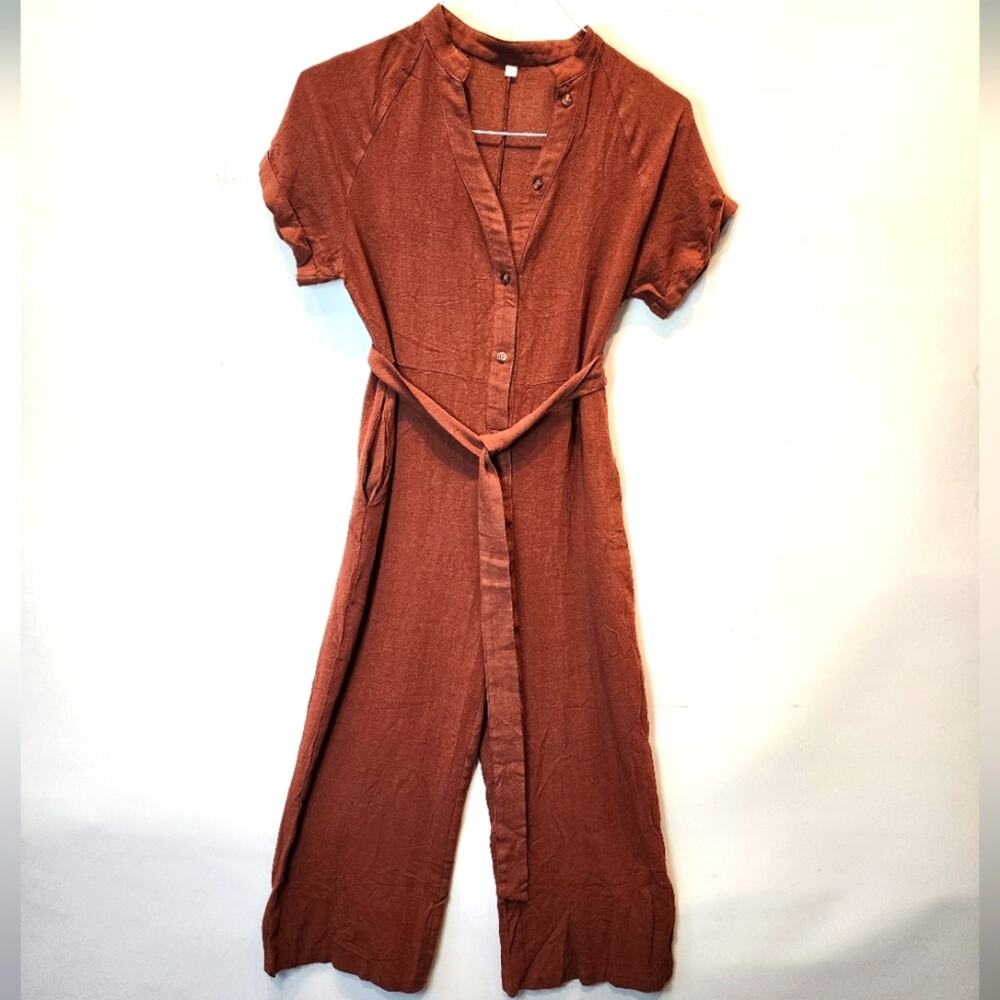 Brown Linen Jumpsuit Capris Palazzo Crop Pants Button Down Pockets‎ NWOT Size S
